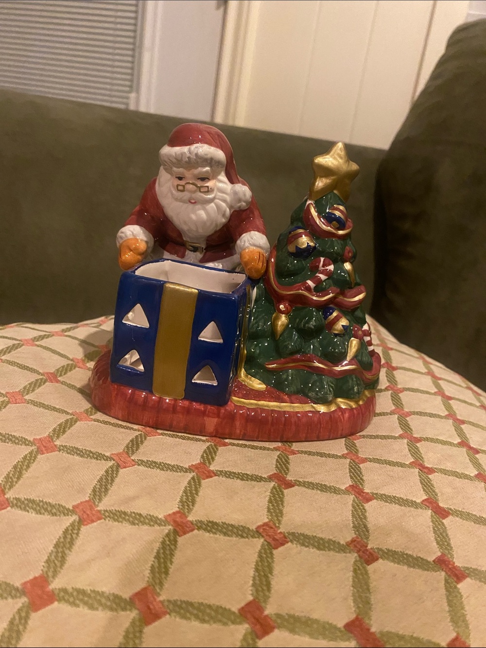 Hand-Painted Holiday Santa & Christmas Tree Ceramic Figurine - Red, Green, Blue